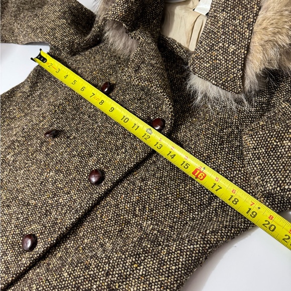 J. Crew vintage wool Brown Tweed Pea Coat with hood and  Fur Collar size 10 - Picture 5 of 11